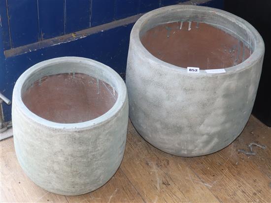 Two pale green garden planters Larger 37cm high